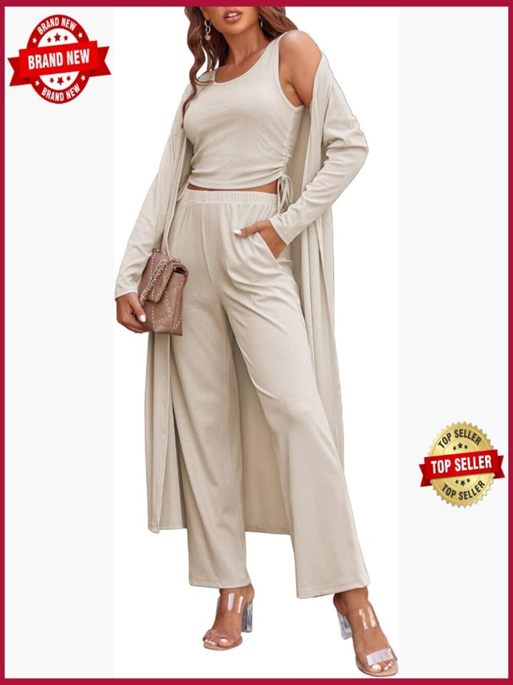 Women's 3 Piece Lounge Set Pajama Cardigan Tank Top Pants Sweatsuit